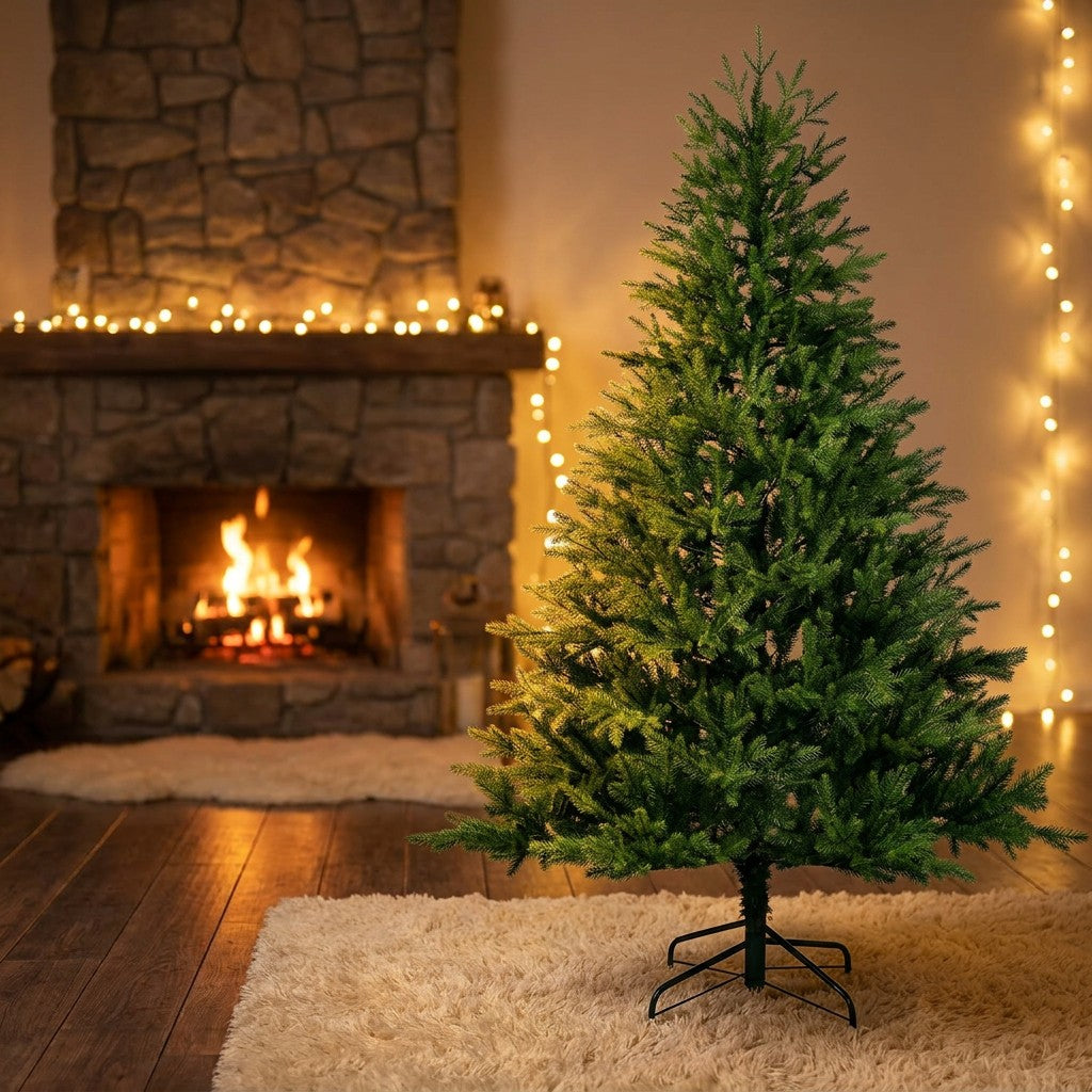 Factory Direct Realistic Green Spruce Artificial Christmas Tree Full Dense Branches Foldable Metal Base Holiday Decoration