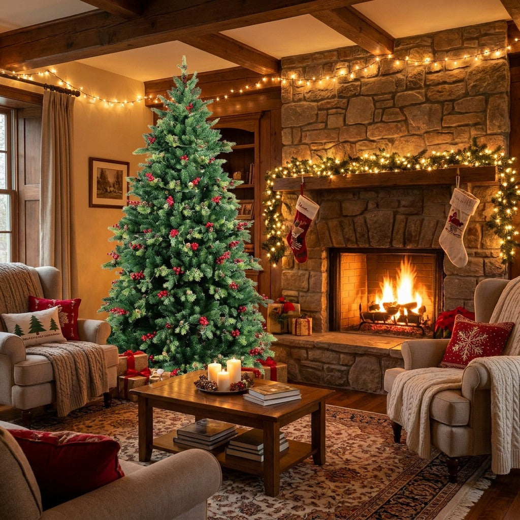 Wholesale PE PVC Mixed Artificial Spruce Christmas Tree with Red Berries High Density Easy Assemble Metal Stand Holiday Decor