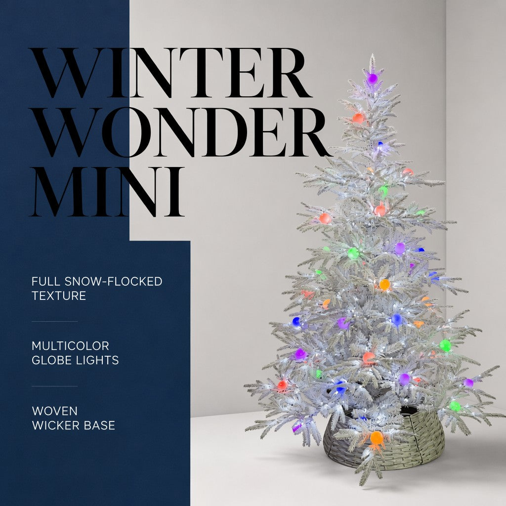 Factory Direct Small Tabletop Flocked Christmas Tree with Multicolor LED Globe Lights Wicker Planter Base Desktop Xmas Decor