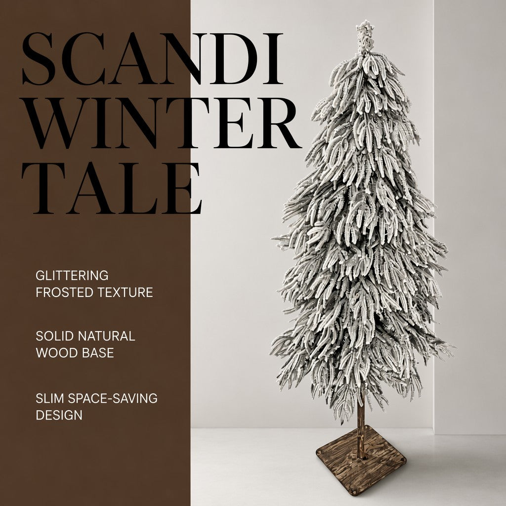 Wholesale Heavily Snow Flocked Slim Artificial Christmas Tree Square Wood Grain Base Unlit Pencil Tree Indoor Holiday Decor