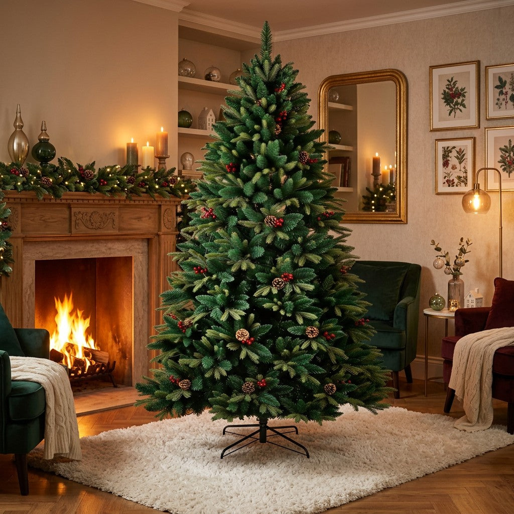 Artificial Christmas Tree with PE & PVC Foliage, Pine Cones and Red Berries