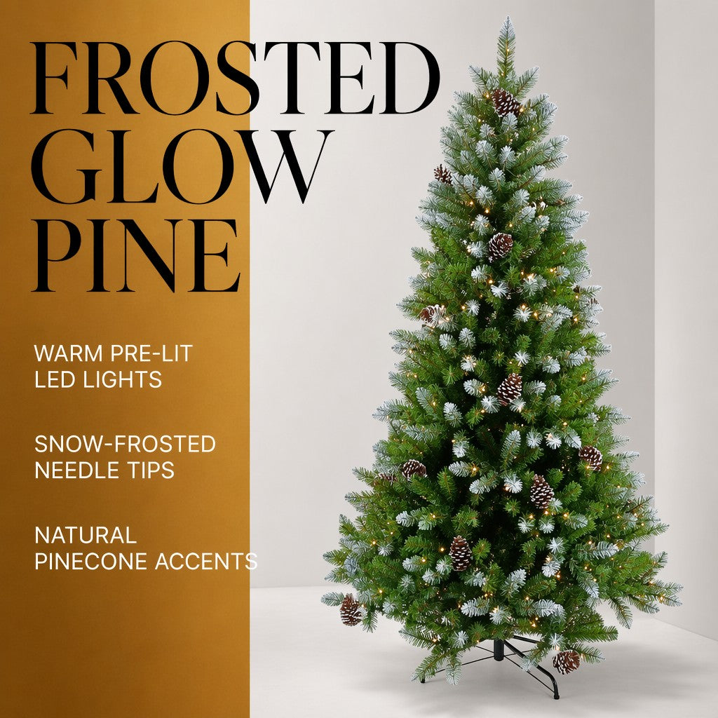 Realistic Pre-Lit Pine Christmas Tree with Snow Flocked Branch Tips & Attached Pinecones Sturdy Foldable Metal Stand Indoor Xmas Ornament