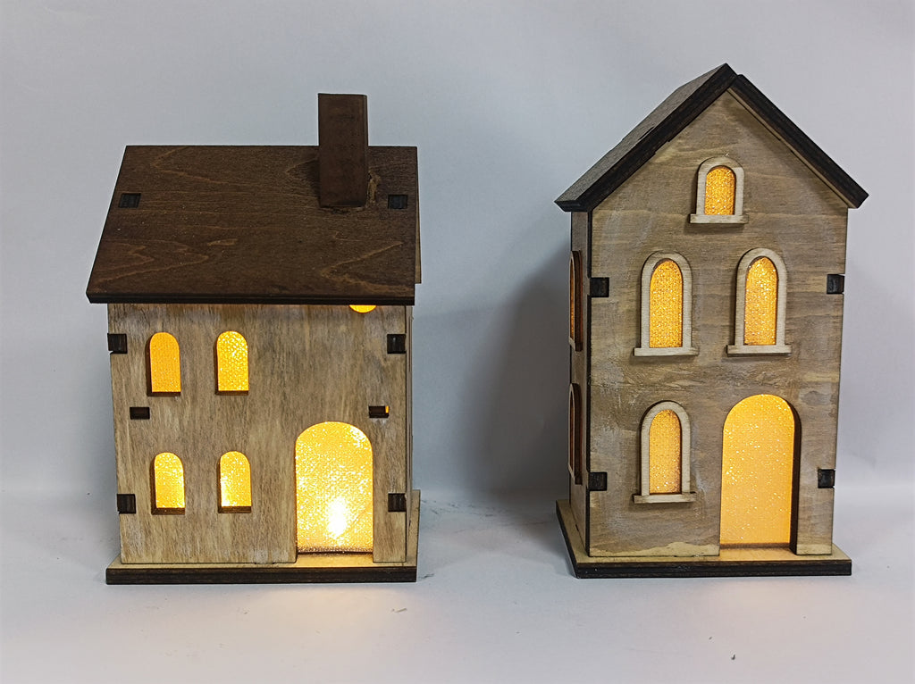 Lighted Wooden Village House Decor – Rustic LED Miniature Home