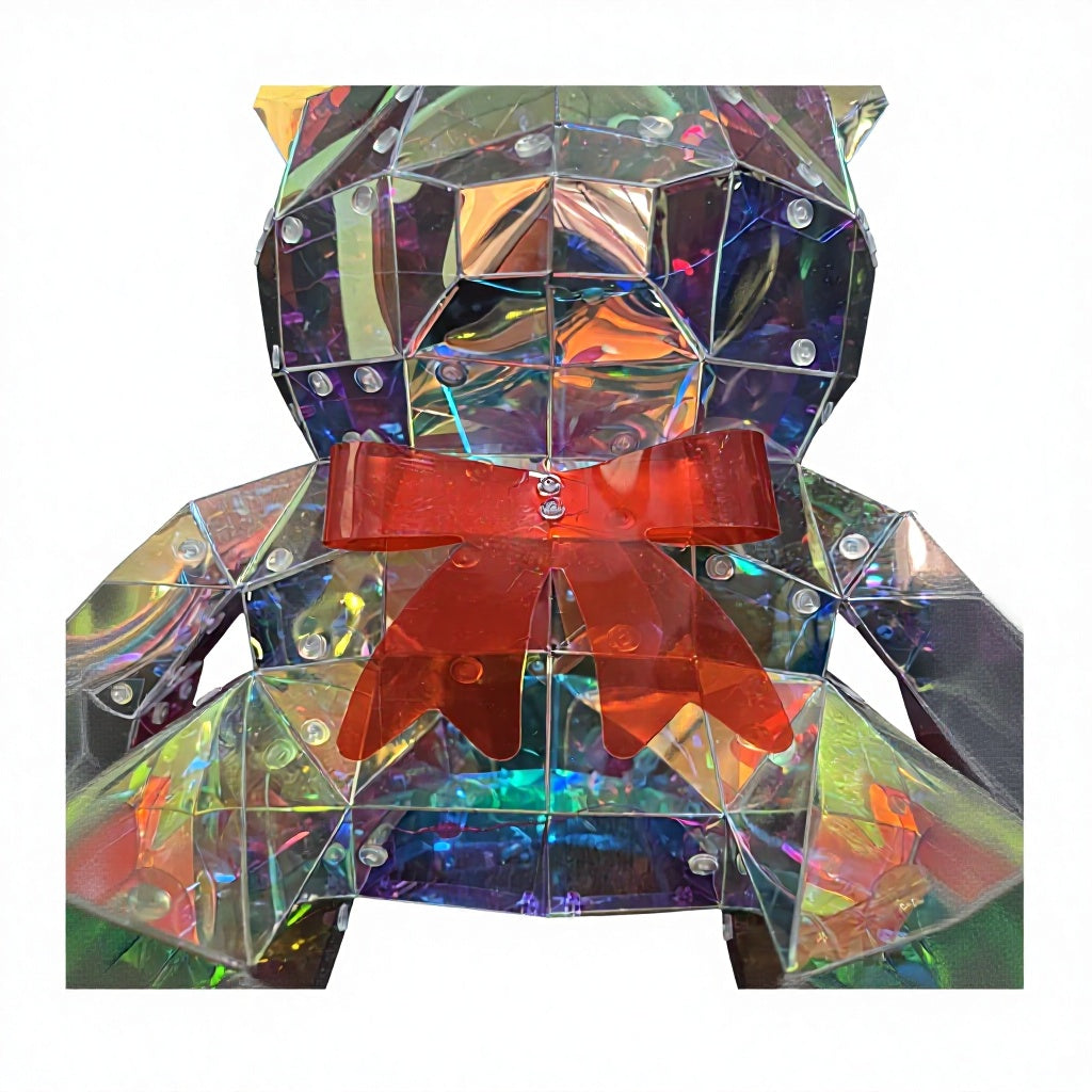 LED Holographic Iridescent Bear with Red Bow – Light-Up Decor