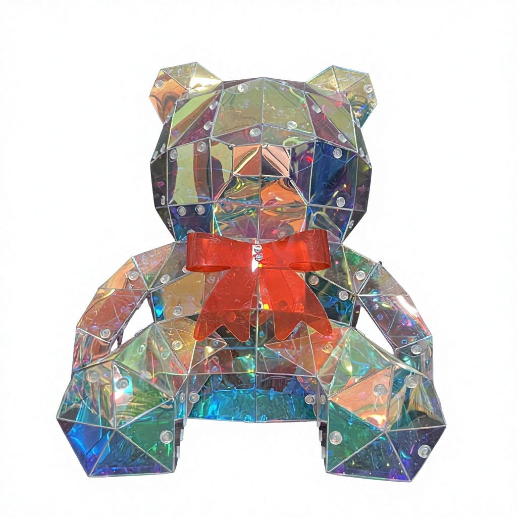 LED Holographic Iridescent Bear with Red Bow – Light-Up Decor