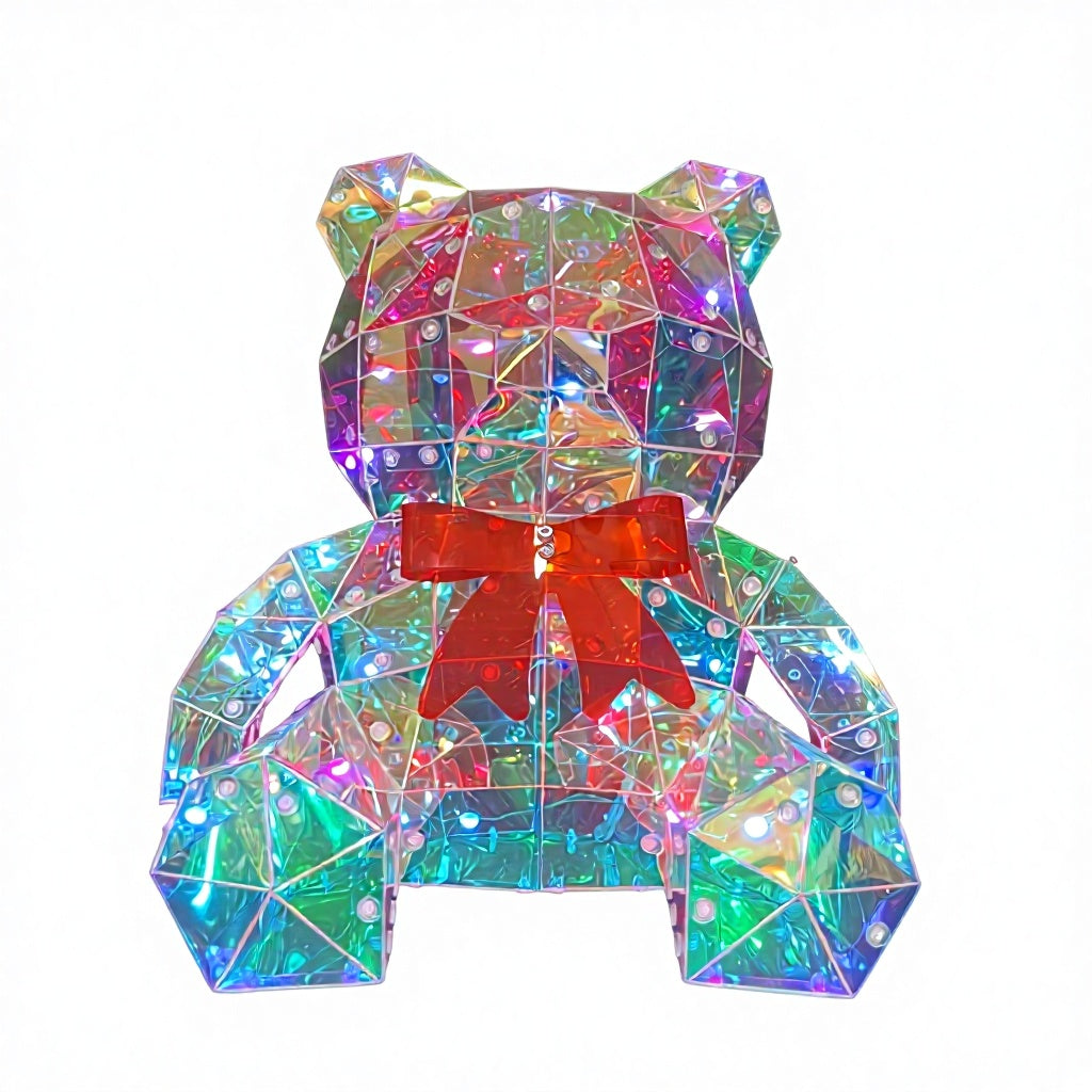 LED Holographic Iridescent Bear with Red Bow – Light-Up Decor