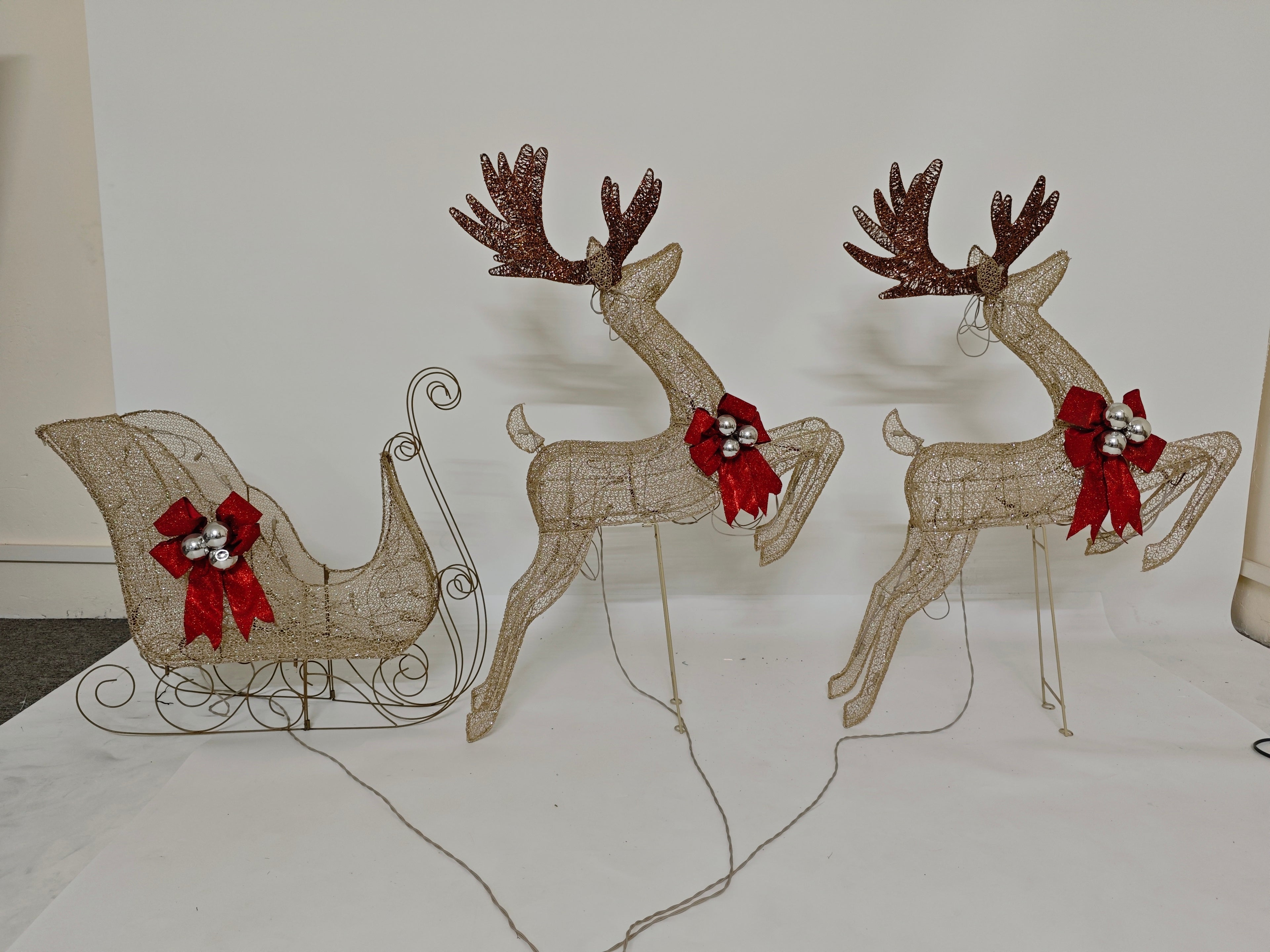 42/42/27" Light-Up Glitter Mesh Reindeer & Sleigh Set, 150 LED Lights