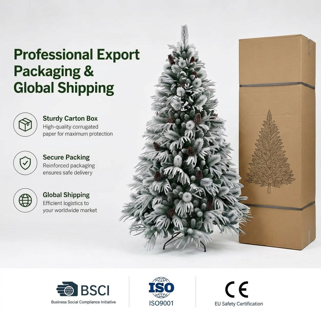 Wholesale Heavily Snow Flocked Artificial Christmas Tree with Pinecones PE PVC Mixed Needles Unlit Easy Assemble Metal Stand