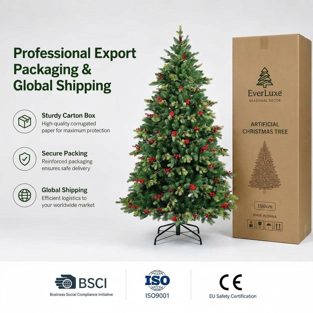 Wholesale PE PVC Mixed Artificial Spruce Christmas Tree with Red Berries High Density Easy Assemble Metal Stand Holiday Decor