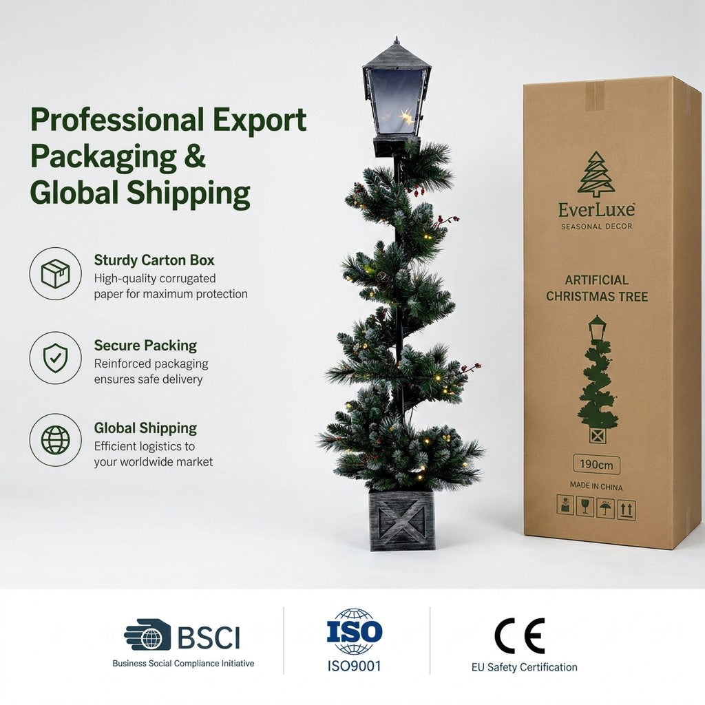 Factory Direct Christmas Street Lantern Post with Pine Foliage Red Berries Pinecones LED Lights Square Base Holiday Pathway Decor