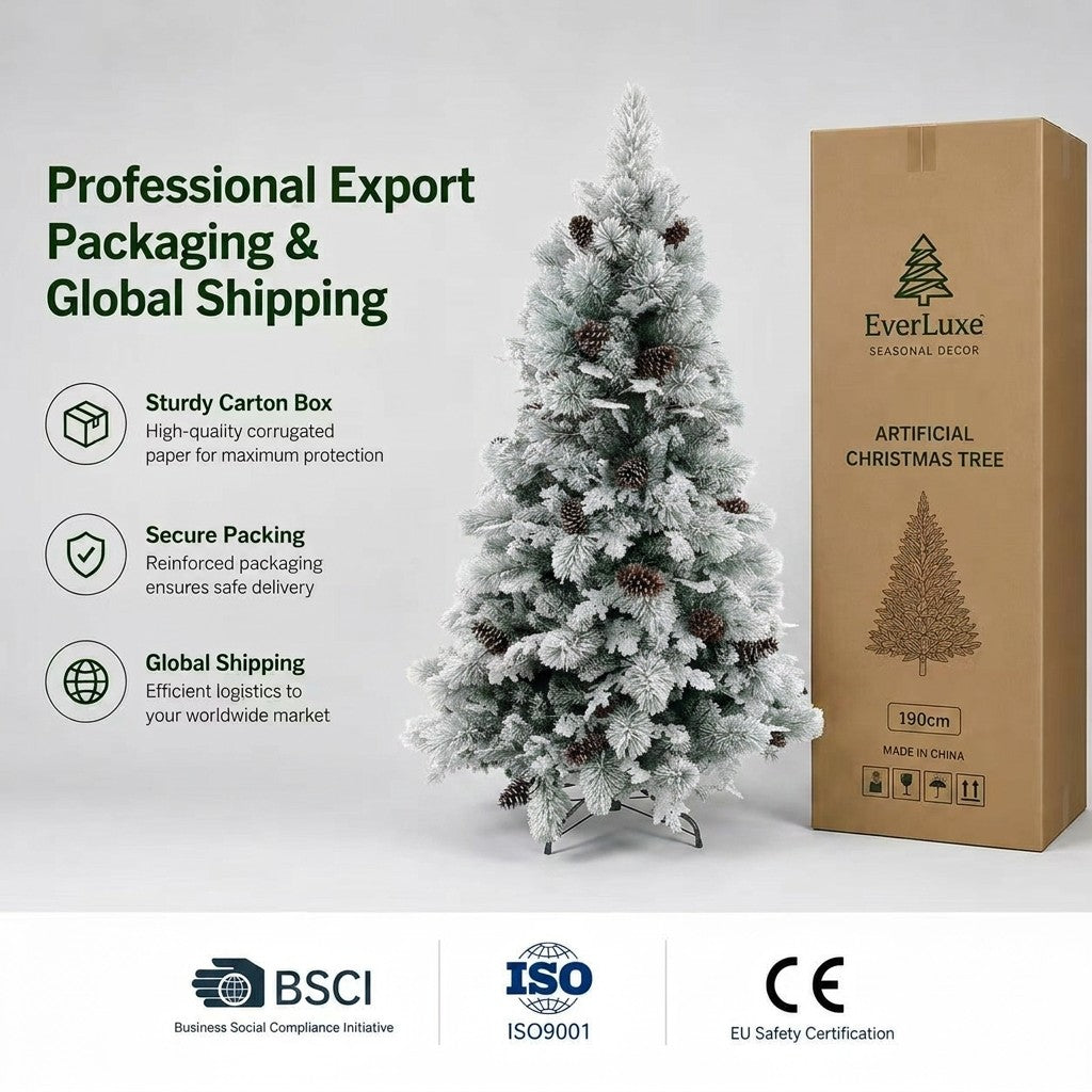 Fire Retardant Full Flocked Artificial Christmas Tree with Pinecones Realistic Look Easy Assemble for Bulk Wholesale