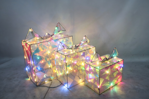 18, 14, 11 inches, 200-light, messy net cloth tied with rainbow film film set of three gift boxes