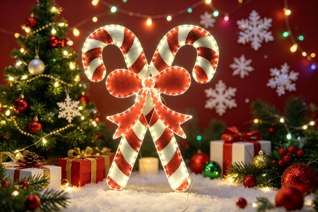 36-inch 105-light fabric-wrapped tube light bow double cane decoration