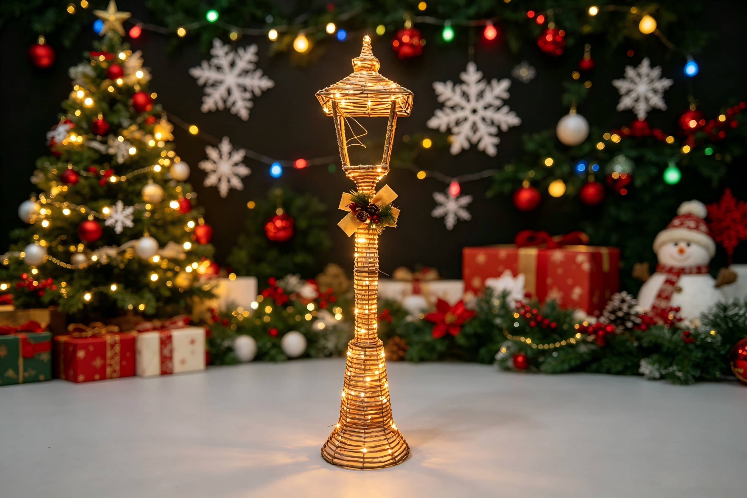 60-inch wicker-style street lamp light with 100 warm LEDs.
