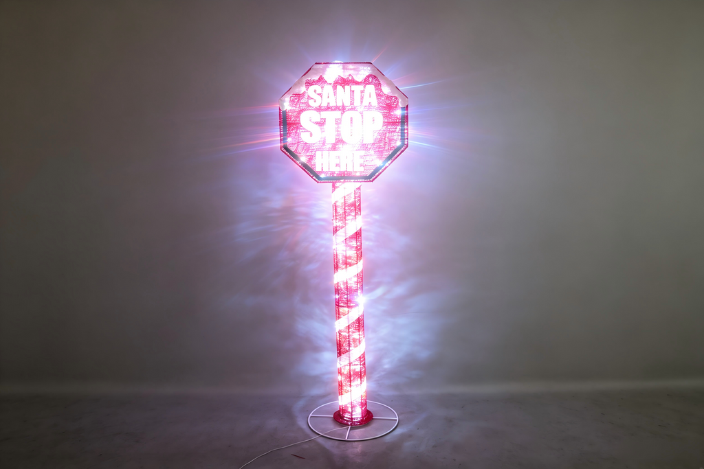 60-inch 100-Light Cotton-Wrapped Santa Stop Here Sign. Fun