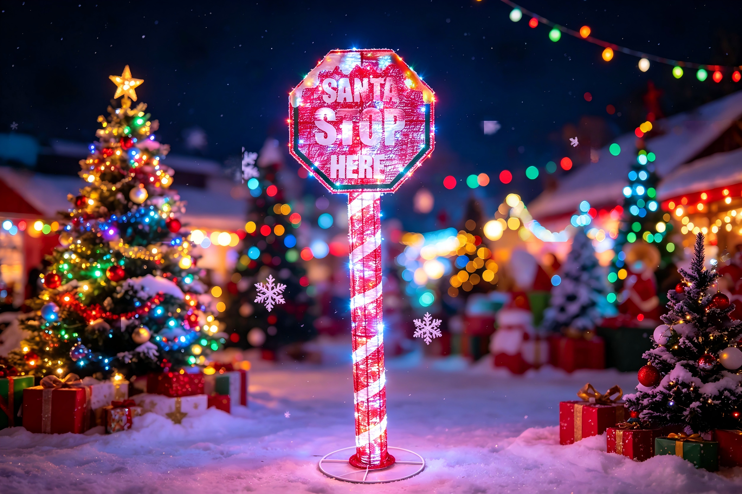 60-inch 100-Light Cotton-Wrapped Santa Stop Here Sign. Fun