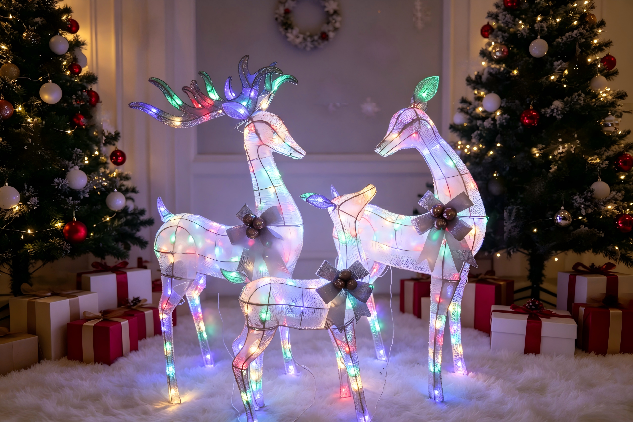 Set of 3 Lighted Reindeer (60/52/36"), with 140+120+70 4-color LED lights