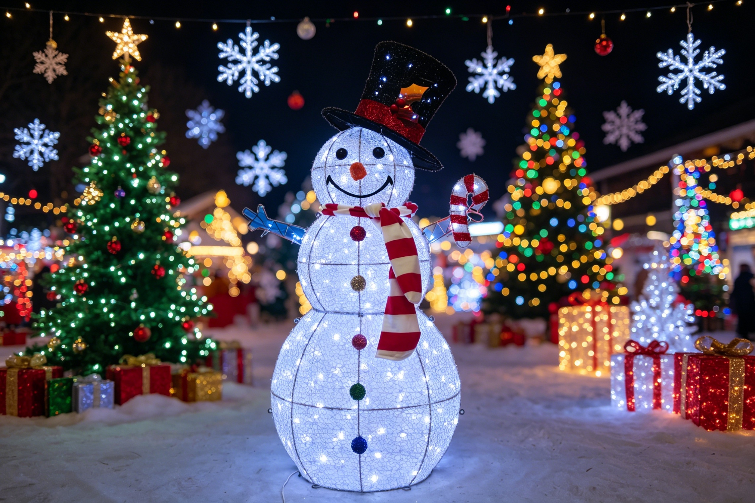 3-inch 190-light copper wire lamp with double-layer messy net cloth snowman decoration
