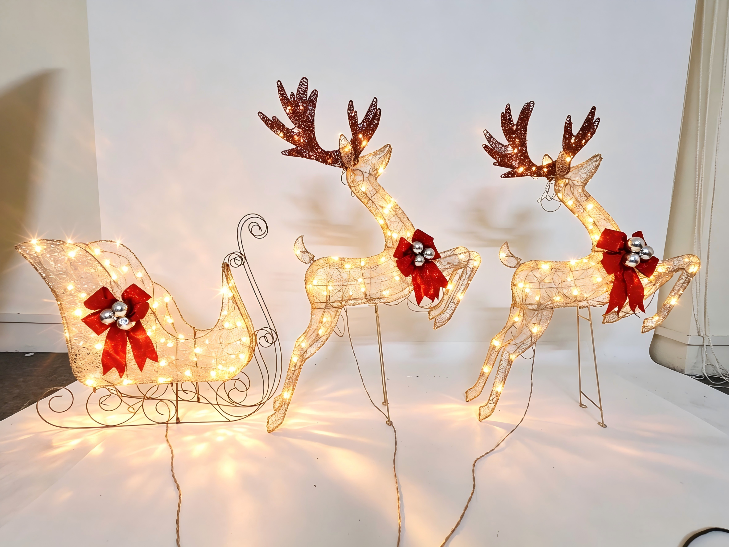 42/42/27" Light-Up Glitter Mesh Reindeer & Sleigh Set, 150 LED Lights