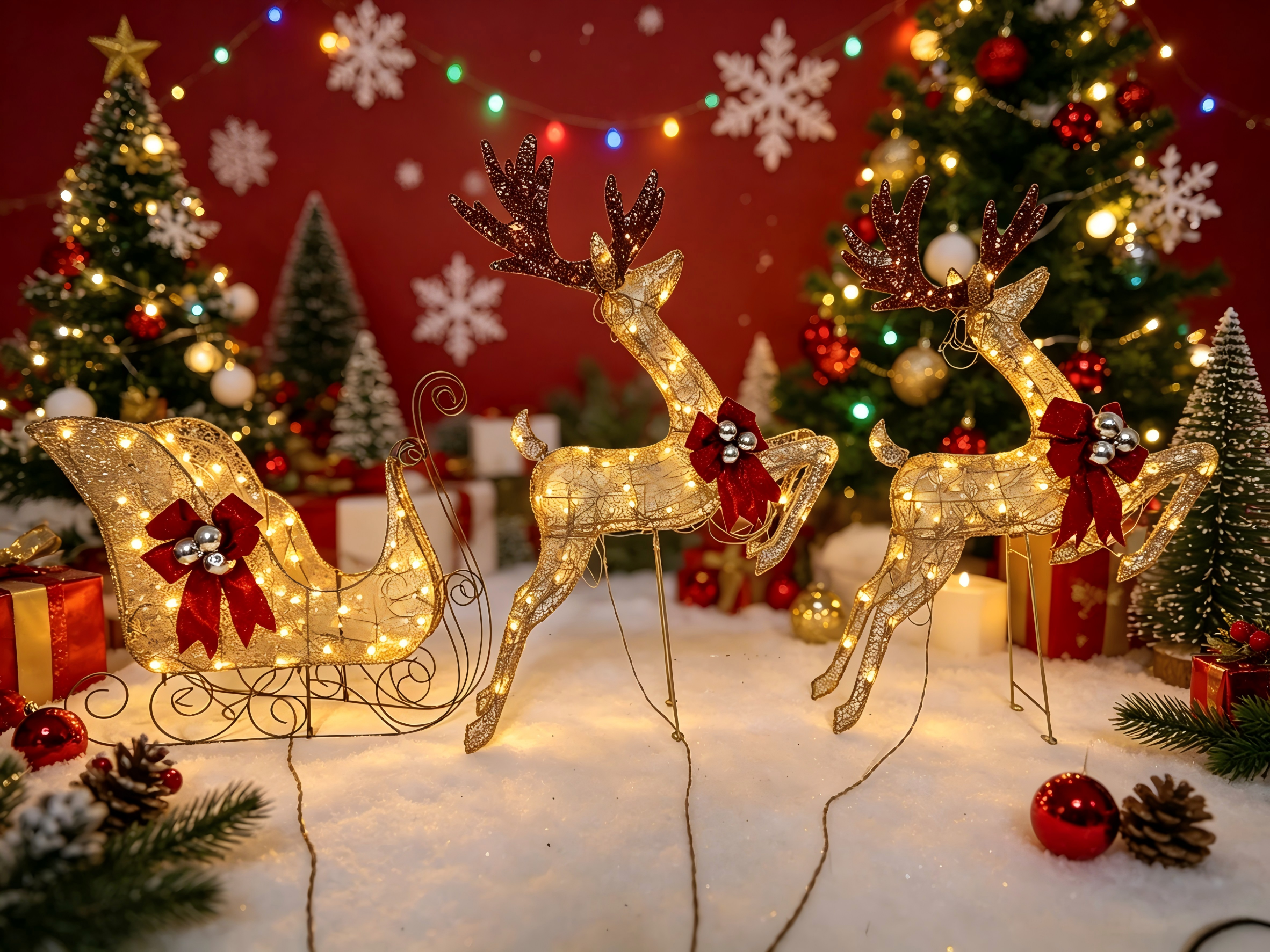 42/42/27" Light-Up Glitter Mesh Reindeer & Sleigh Set, 150 LED Lights