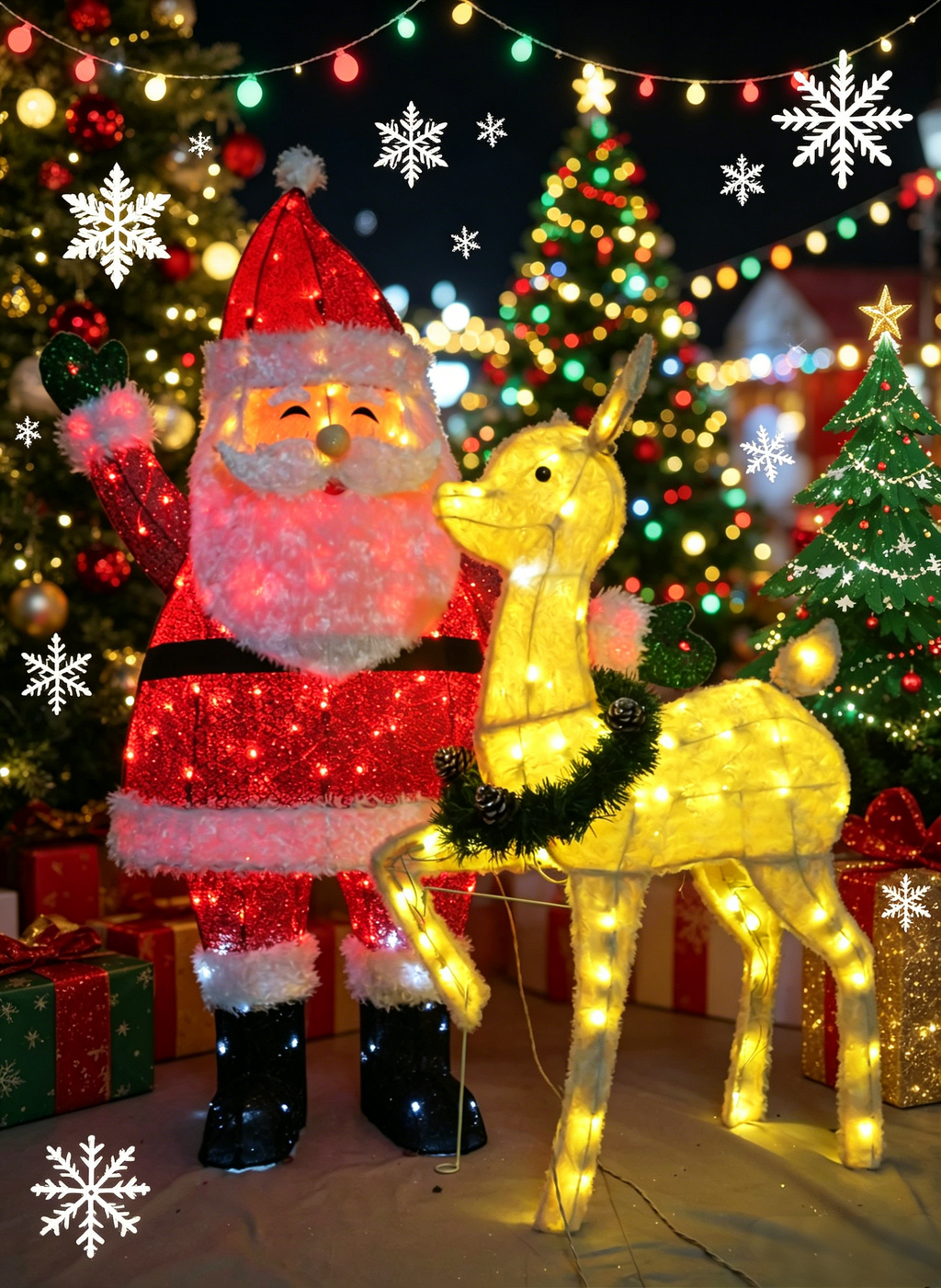 46/36-inch 175-light (105+70) rose velvet Santa holding reindeer decoration