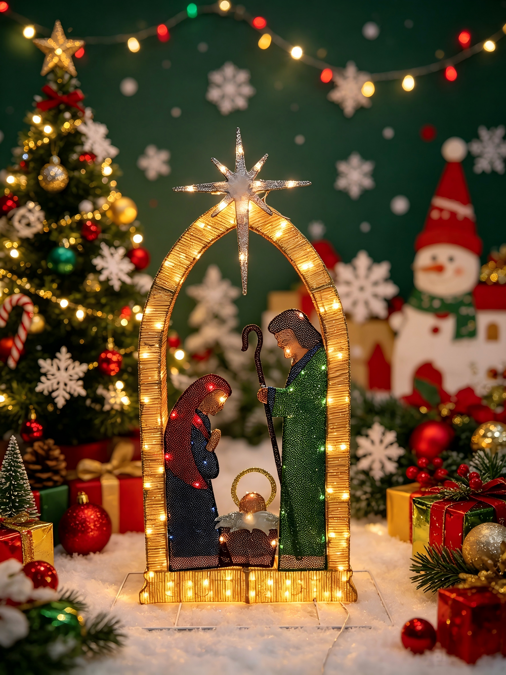 46-inch 100-light cotton-wrapped archway with the Three Wise Men decoration
