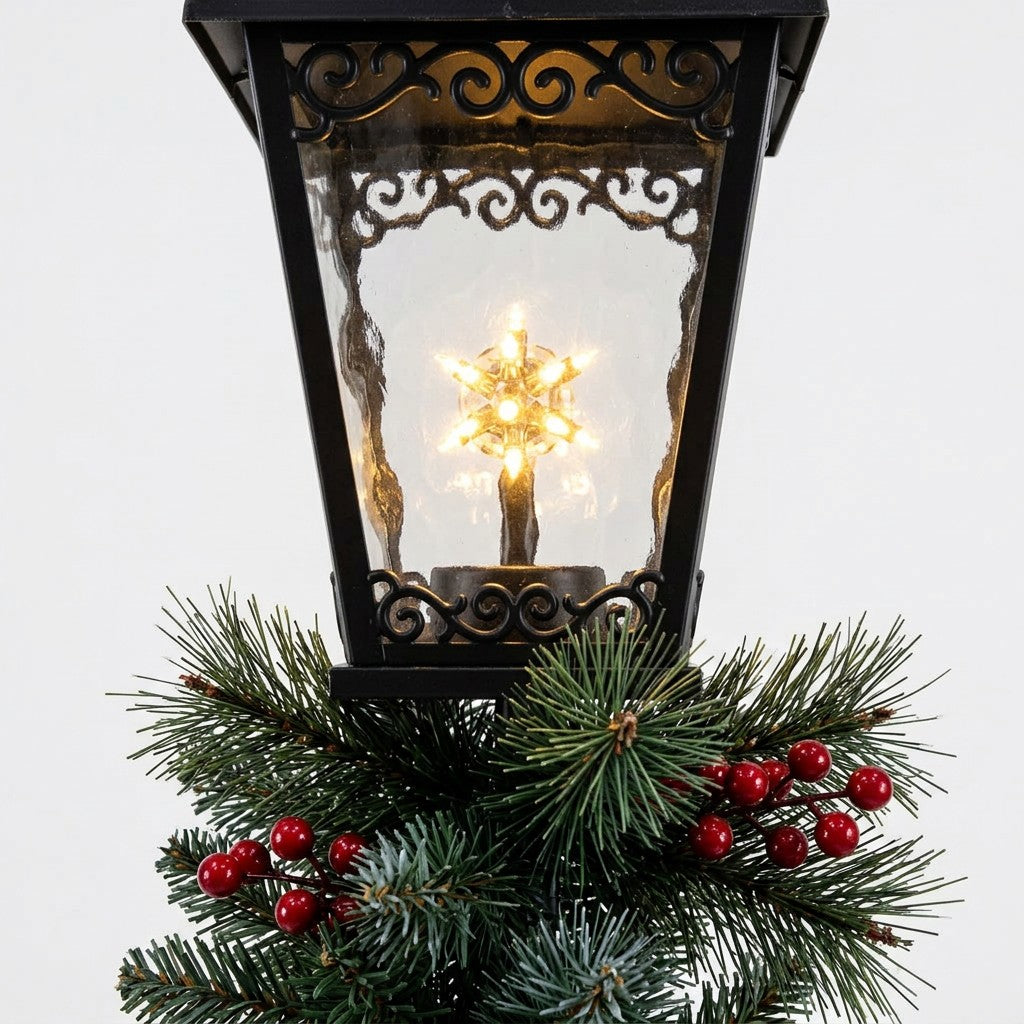 Factory Direct Christmas Street Lantern Post with Pine Foliage Red Berries Pinecones LED Lights Square Base Holiday Pathway Decor