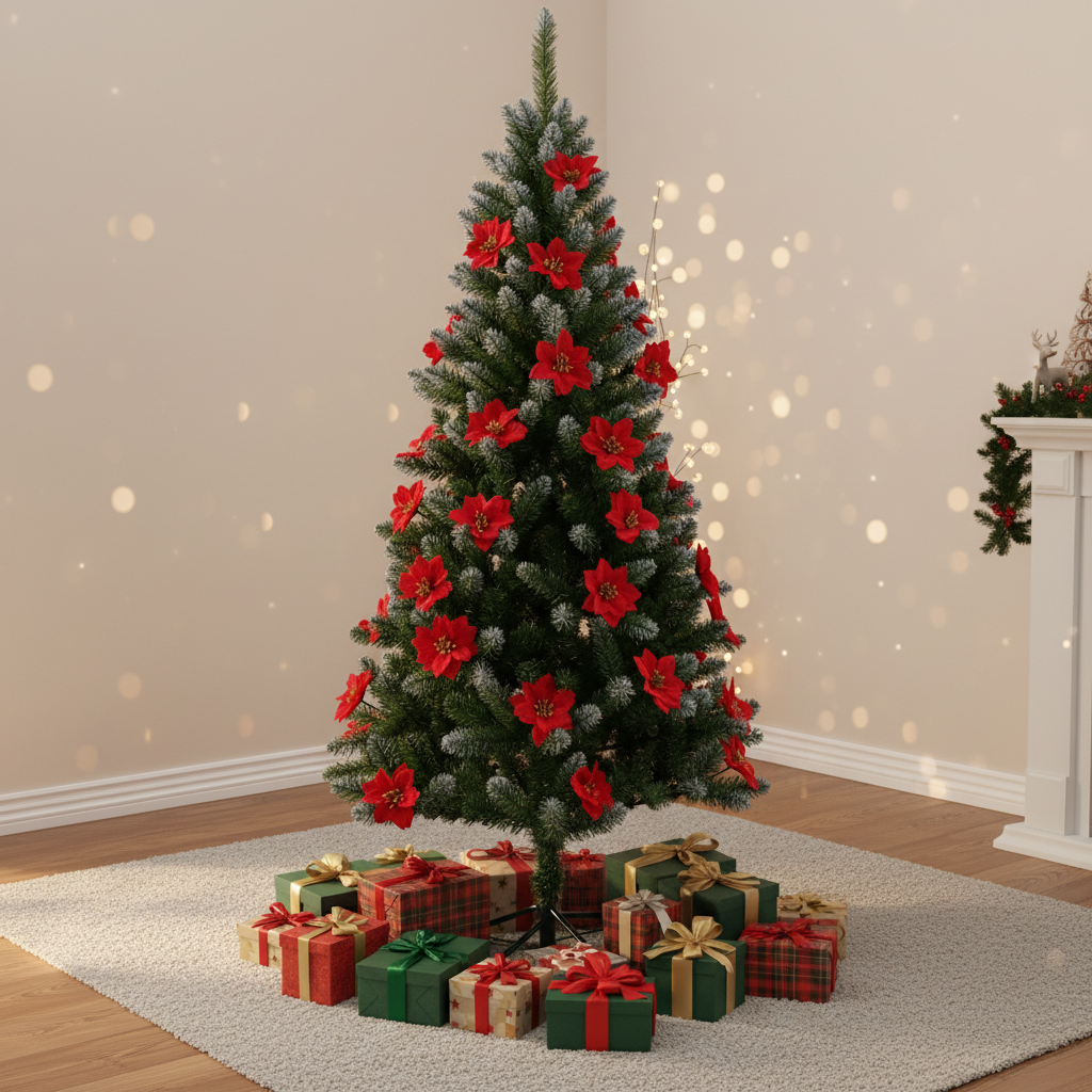 Green PVC Pointed-Tip Tree,  Christmas Flower Decorated PVC Tree