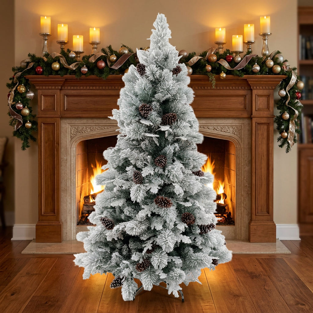 Green Automatic Expandable Snow Flocked Christmas Tree with Mixed PVC & Pine Needle Foliage and Pine Cones