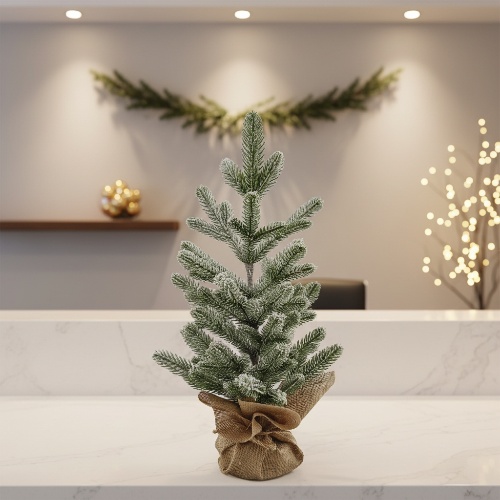 60CM Green PE Leaf Burlap Tree with Flocked Snow
