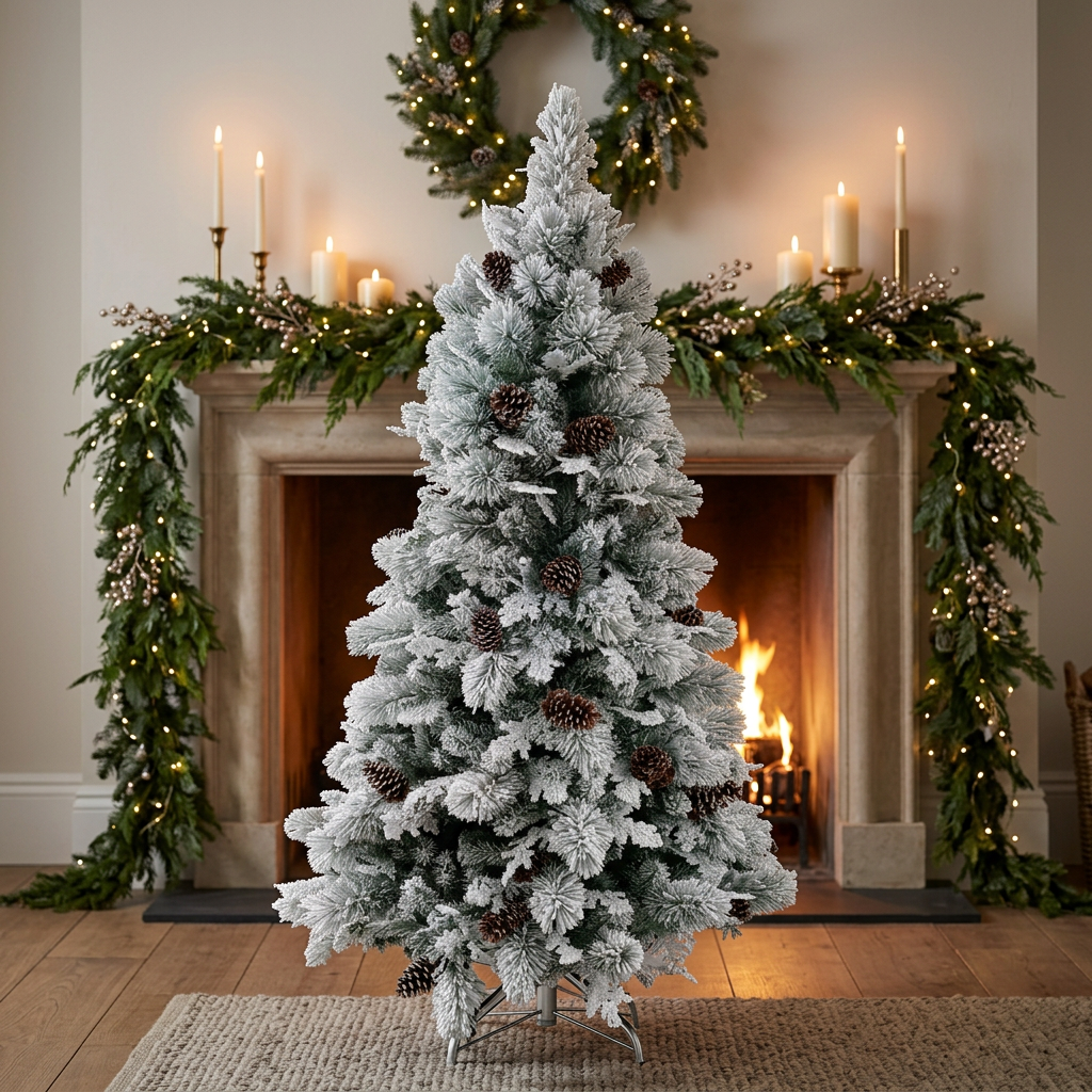 Green Automatic Expandable Snow Flocked Christmas Tree with Mixed PVC & Pine Needle Foliage and Pine Cones