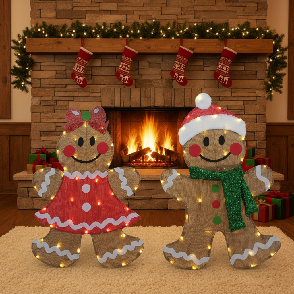 35 & 33 Inch Gingerbread Man Set with Mongolian Short Onion Cloth；LED50+50lights