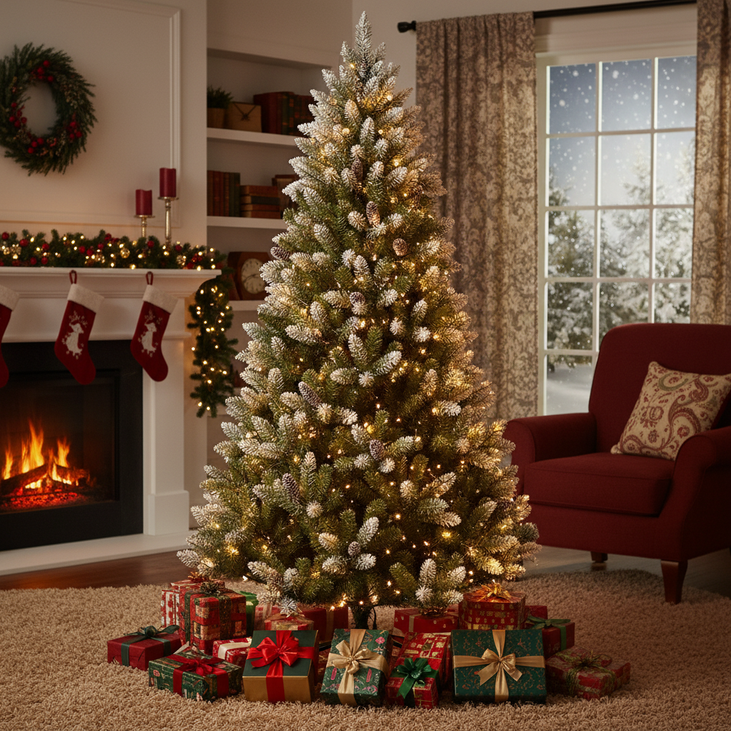 PVC Tip Snow Flocked Christmas Tree with Pine Cones