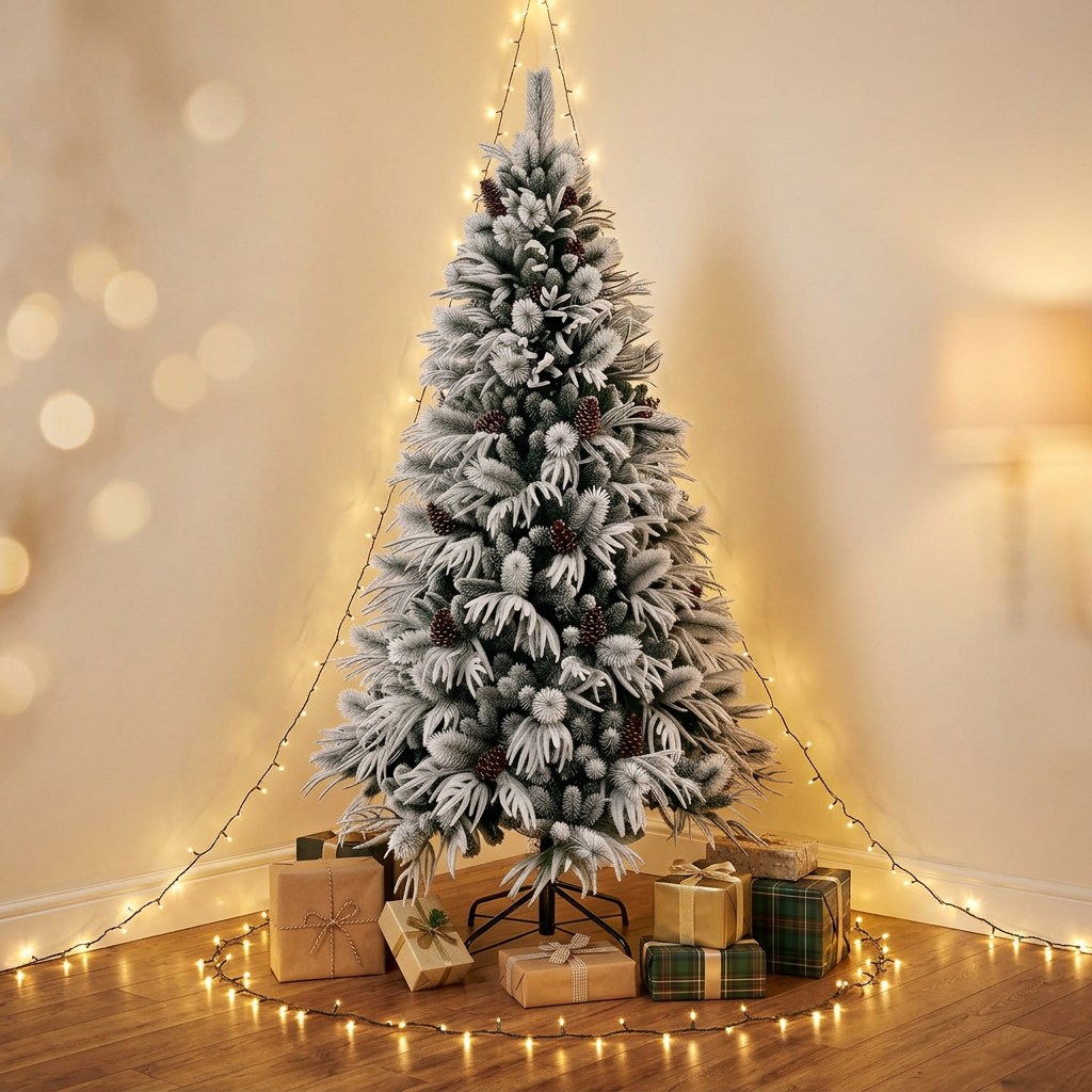 Green Automatic Expandable Snow Flocked Christmas Tree with Mixed PVC & Pine Needle Foliage and Pine Cones