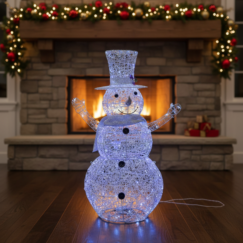 51-Inch Lighted Snowman Decoration with Twisted Iridescent Texture | 240 Warm White LED String Lights | Flexible Head & Arms