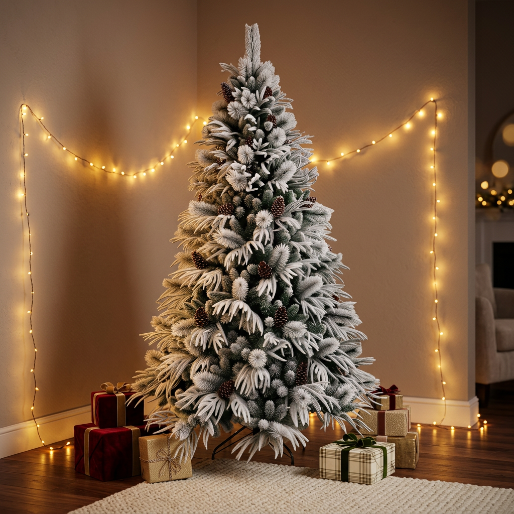 Green Automatic Expandable Snow Flocked Christmas Tree with Mixed PVC & Pine Needle Foliage and Pine Cones