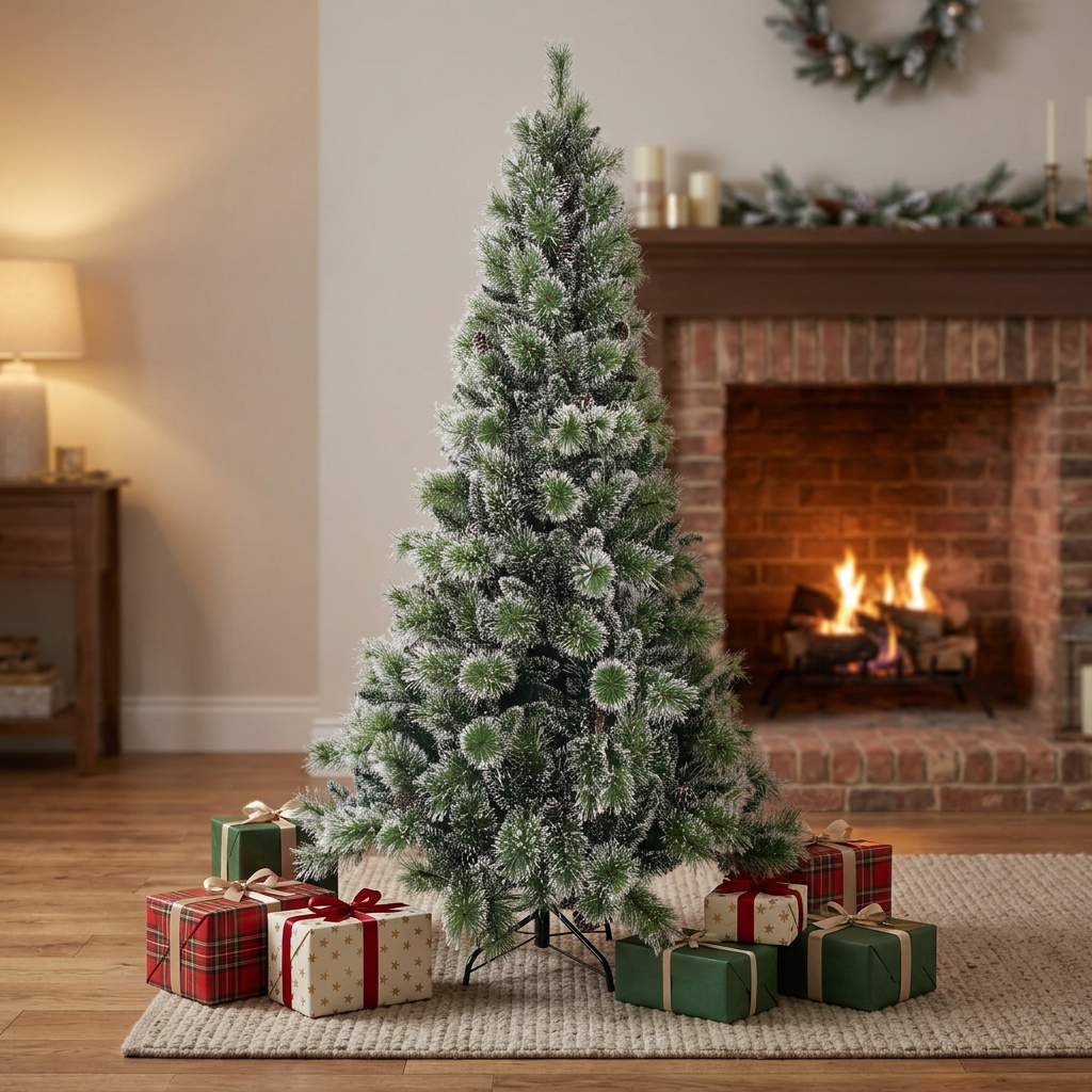 Green Automatic Expandable Christmas Tree with Mixed Pointed PVC & Pine Needle Foliage and Snow Flocking Powder