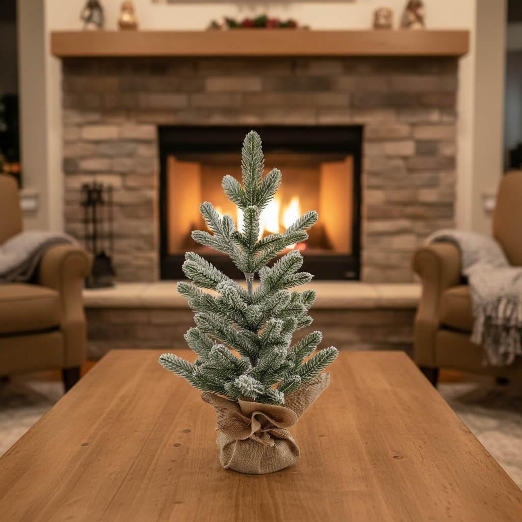 60CM Green PE Leaf Burlap Tree with Flocked Snow