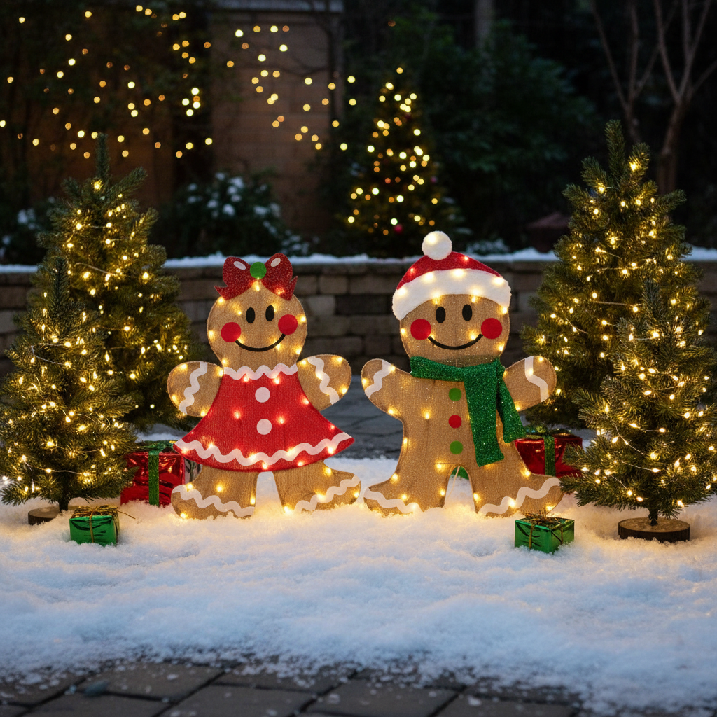 35 & 33 Inch Gingerbread Man Set with Mongolian Short Onion Cloth；LED50+50lights