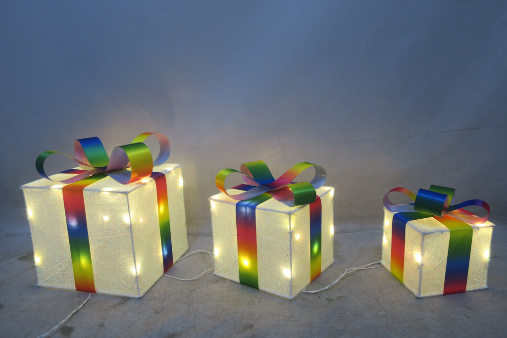 3-Piece Lighted Gift Box Set | 8/10/12 inch sizes with 50 warm white lights