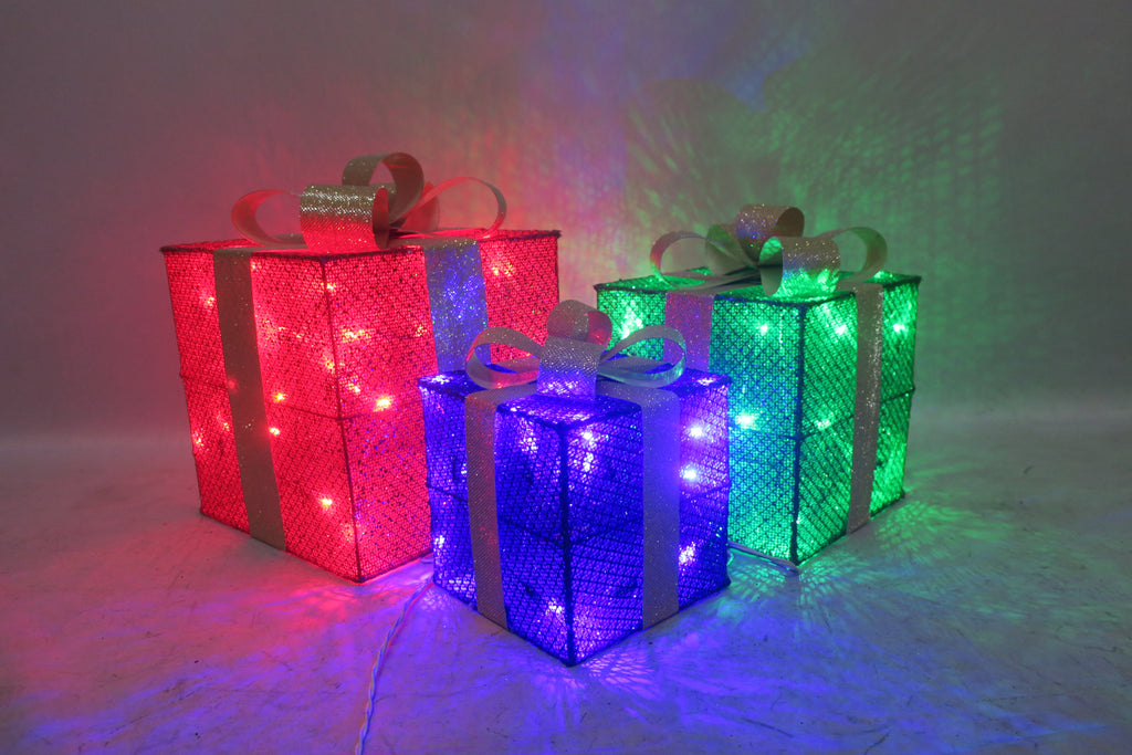 Set of 3 Lighted Gift Boxes (10/12/14") with 70 LEDs