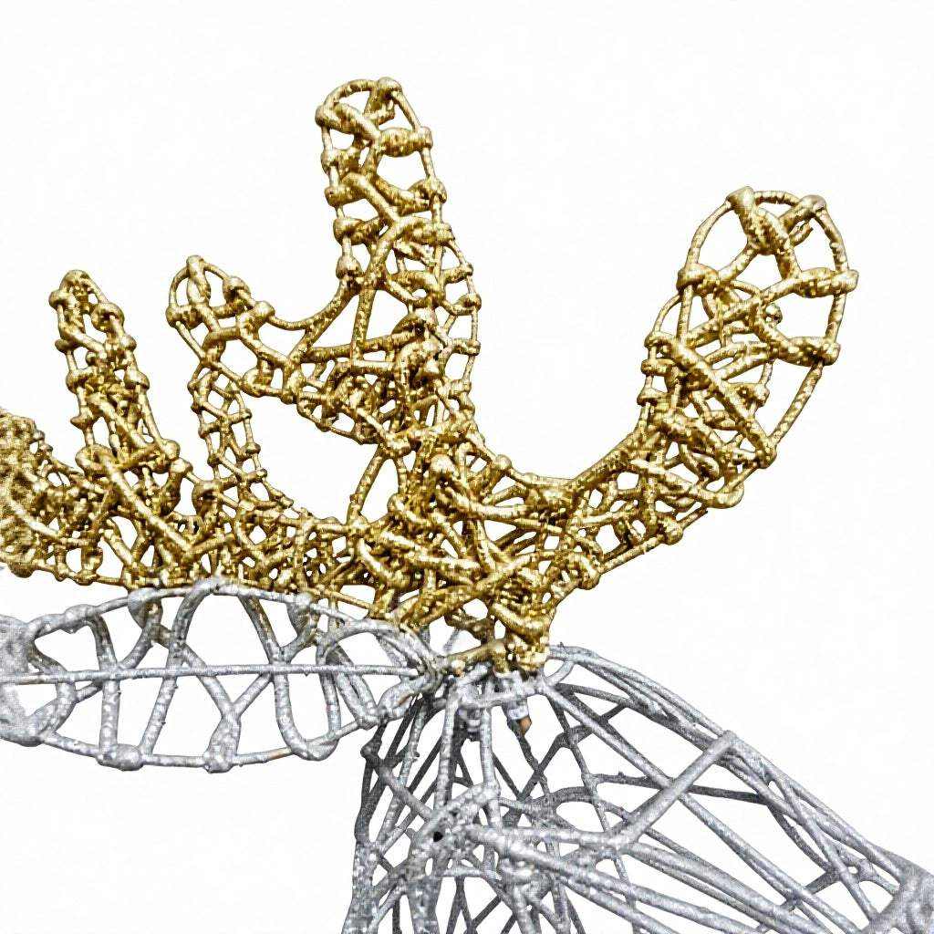 Elegant Silver Wire Woven Deer Sculpture with Gilded Antlers, Modern Christmas Decor Accent