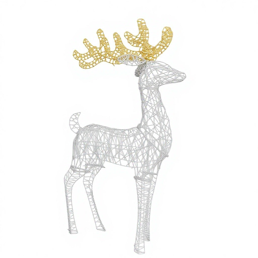 Elegant Silver Wire Woven Deer Sculpture with Gilded Antlers, Modern Christmas Decor Accent