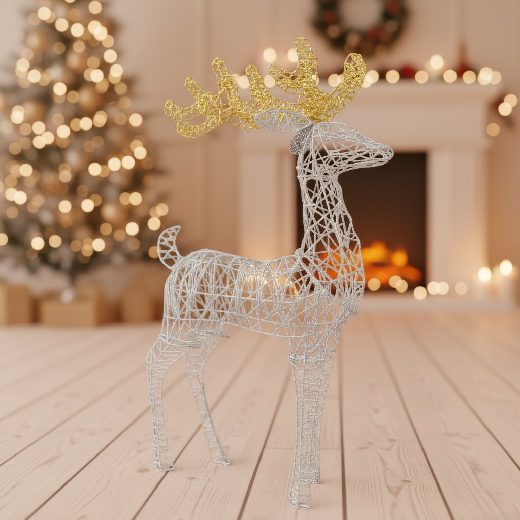 Elegant Silver Wire Woven Deer Sculpture with Gilded Antlers, Modern Christmas Decor Accent