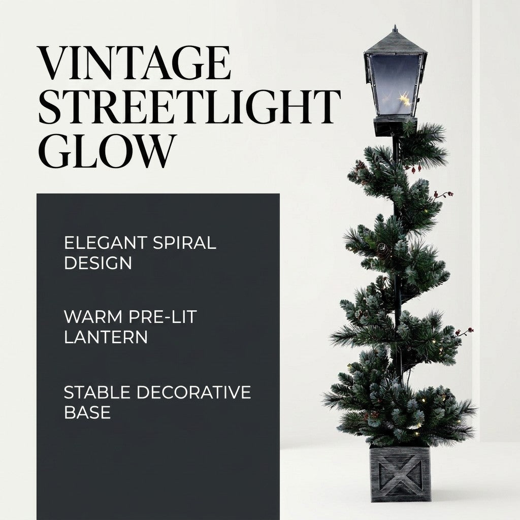 Factory Direct Christmas Street Lantern Post with Pine Foliage Red Berries Pinecones LED Lights Square Base Holiday Pathway Decor