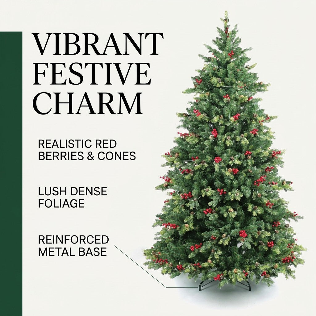 Wholesale PE PVC Mixed Artificial Spruce Christmas Tree with Red Berries High Density Easy Assemble Metal Stand Holiday Decor