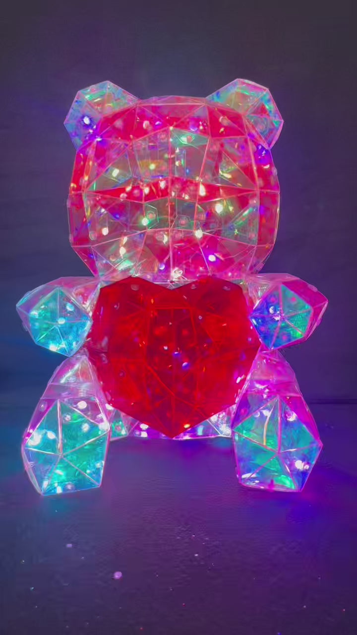 Iridescent Holographic Bear with Heart – LED Light-Up Decor