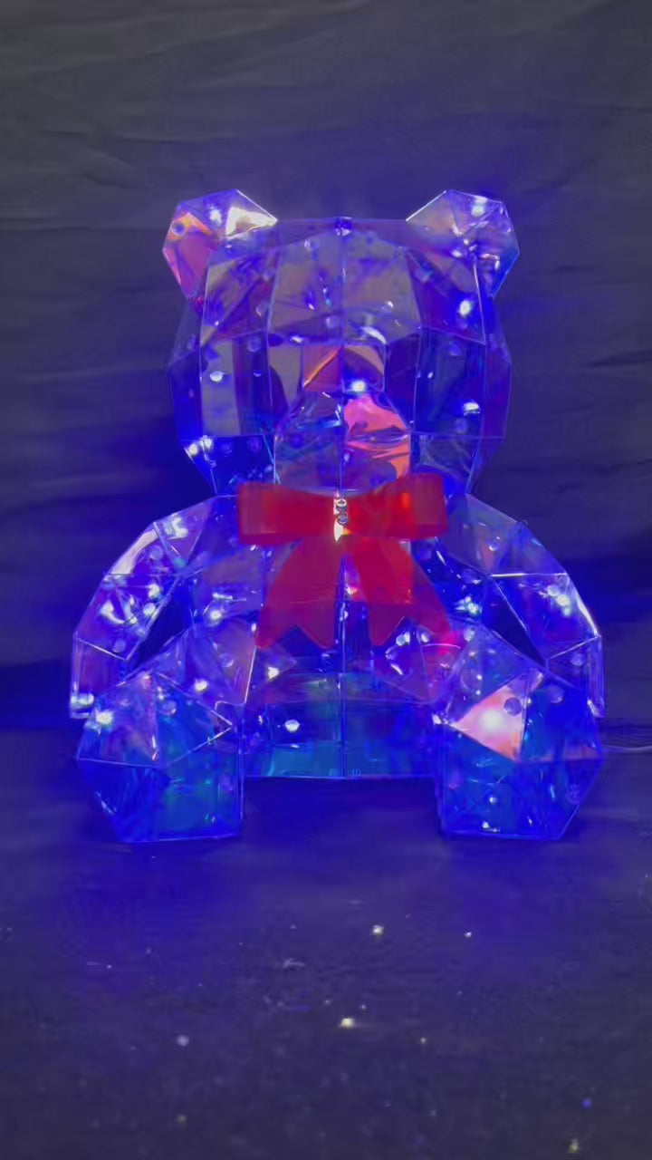 LED Holographic Iridescent Bear with Red Bow – Light-Up Decor
