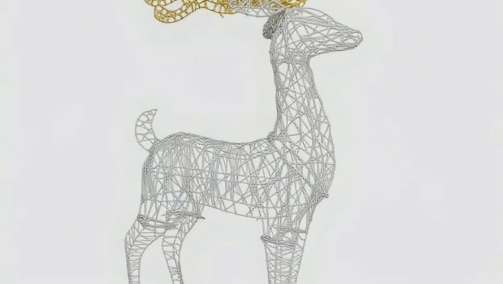 Elegant Silver Wire Woven Deer Sculpture with Gilded Antlers, Modern Christmas Decor Accent