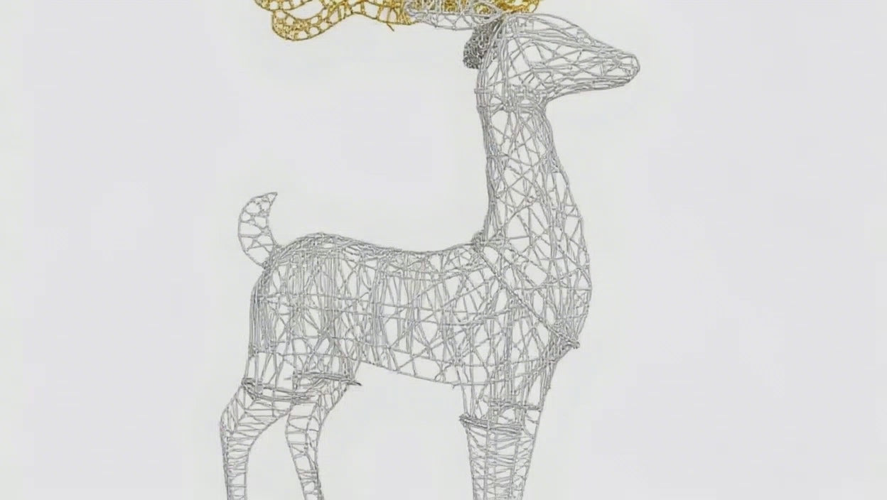 Elegant Silver Wire Woven Deer Sculpture with Gilded Antlers, Modern Christmas Decor Accent